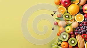 Organic food background. Food photography different fruits and vegetables. Copy space. Ai Generative