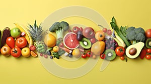 Organic food background. Food photography different fruits and vegetables. Copy space. Ai Generative