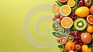 Organic food background. Food photography different fruits and vegetables. Copy space. Ai Generative