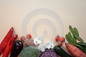 Organic food background. Food photography different vegetables isolated light background. Copy space.