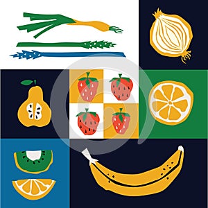 Organic food banner in flat style. Fruits and cereals geometry minimalistic with simple shape and figure. Great for