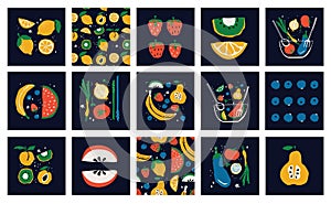 Organic food banner in flat style. Fruits and cereals geometry minimalistic with simple shape and figure. Great for