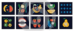Organic food banner in flat style. Fruits and cereals geometry minimalistic with simple shape and figure. Great for