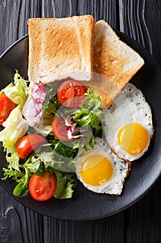 Organic food breakfast: fried eggs with fresh vegetable salad an