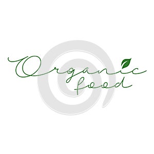 Organic food calligraphy- Vegetarian food safety logo with green leaves photo