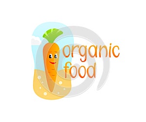 Organic food, carrot in the ground cartoon character, illustration. Vegetables, vegetarian meal and nutrition, logo design and vec