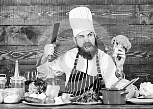 Organic food. Chef use fresh organic vegetables for dish. Vegetarian meal. Fresh ingredients only. Man bearded hipster