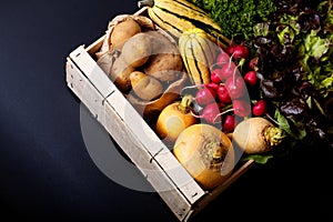 Organic food concept assortment vegetables in wood crate on b