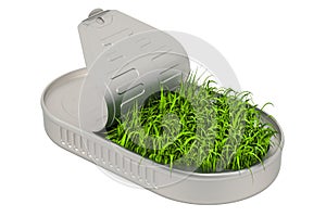 Organic food concept. Opened tin can with growing green grass, 3D rendering