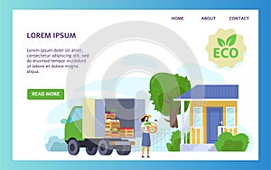 Organic food delivery truck, eco products from local farm, vector illustration