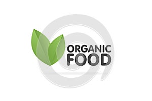 Organic food eco green leaf label sticker. Vector Illustration