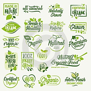 Organic food, farm fresh and natural product signs and elements collection