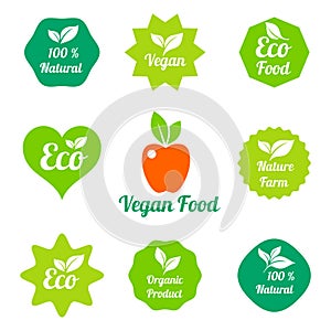 Organic food, farm fresh and natural product stickers and badges collection for food market, ecommerce, organic products promotion