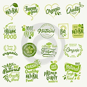 Organic food, farm fresh and natural product stickers and labels collection