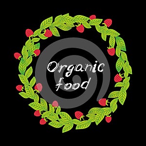 Organic food, Farmers market. Card banner template ripe red raspberries. text, calligraphy, lettering, doodle by hand on dark