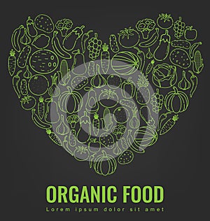 Organic food. Fruits and vegetables. Healthy eating concept. Vector