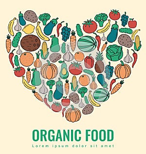 Organic food. Fruits and vegetables. Healthy eating concept. Vector