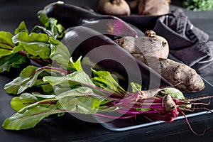 Organic food on the gray plate