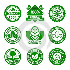 Organic Food Green Labels Set. Vector