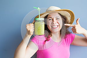 Organic Food. Healthy Eating Woman Drinking Fresh Raw Green Detox Vegetable Juice. Healthy Lifestyle, Vegetarian Meal