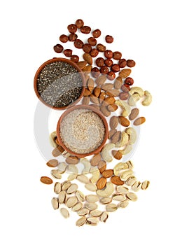 Organic Food Ingredients for a Low Carbohydrate Ketogenic Diet. Chia seeds, psilium, hazelnuts, almonds, cashews, pistachios, nuts