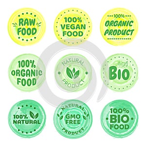 Organic food labels. Fresh eco vegetarian products, vegan label and healthy foods badges