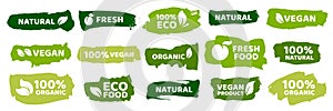 Organic food labels. Fresh eco vegetarian products, vegan label and healthy foods badges vector set