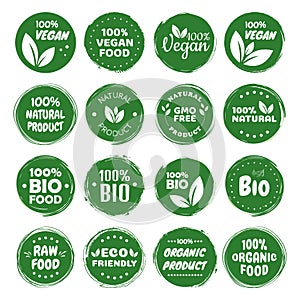 Organic food labels. Fresh eco vegetarian products, vegan label and healthy foods badges. Veganism logo, vegans diet sticker or