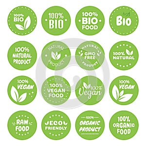 Organic food labels. Fresh eco vegetarian products, vegan label and healthy foods badges. Veganism logo, vegans diet sticker or