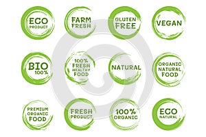 Organic food labels. Fresh vegetarian products and healthy foods badges.