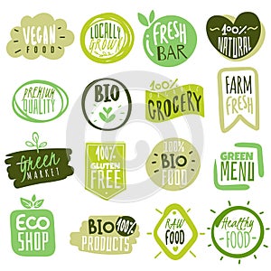 Organic food labels. Natural healthy meal fresh diet products logo stickers. Ecology farm eco food. Vector green premium