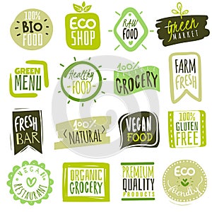 Organic food labels. Natural meal and fresh products logo. Ecology farm bio food vector green premium badges