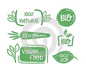 Organic food labels. Vegan label and healthy foods badges vector set