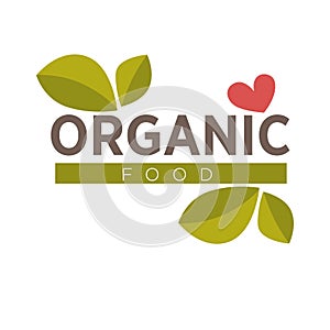 Organic food logo design with green leaves and red heart