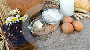 Organic food - milk, bread, eggs, cheese, butter lying on the table, against the background of a wheat field.