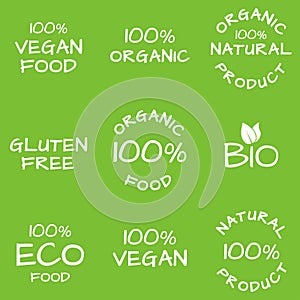 Organic food, natural products icon set. Eco, Bio and Vegan hand drawn labels or logos. Gluten free badge. Vector illustration