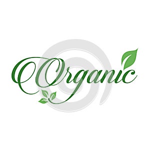 Organic food sign calligraphy with green leaf symbolizing Vegetarian friendly diet by European Vegetarian Union photo
