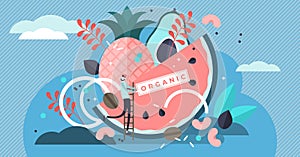 Organic food vector illustration. Tiny biological raw fruit persons concept