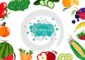 Organic food, vegetables and fruits, healthy food collection balance diet, market banner poster creative background vector