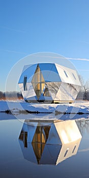 Organic Forms And Geometric Shapes: A Mirrored Roof House On Snow