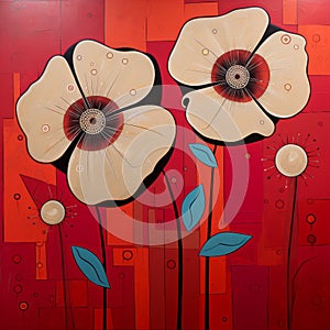 Organic Forms And Geometric Shapes: A Serene Painting Of Two Poppies