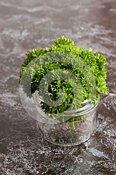 Organic fresh bunch of parsley in a glass jar