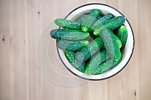 Organic fresh cucumbers in a bowl, top view