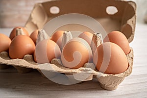 Organic fresh eggs in cardboard container pack, organic healthy food