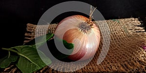 Organic fresh pink onion isolated with leaves at black background