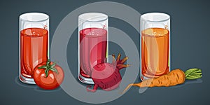 Organic fresh vegetable juices set with glasses of tomato beet carrot beverages isolated