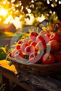 Organic freshly-picked red apples in the large basket. Rural landscape in blur at backdrop. Generative AI