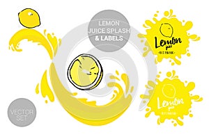 Organic fruit labels tags and lemon juice text. Colorful tropical stickers. Juicy exotic fruit badges with splashes.