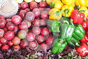 Organic Fruit and Vegetable fresh pile background  passion fruit,fresh  bell peppers,melon