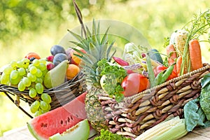 Organic fruit and vegetable in wicker basket